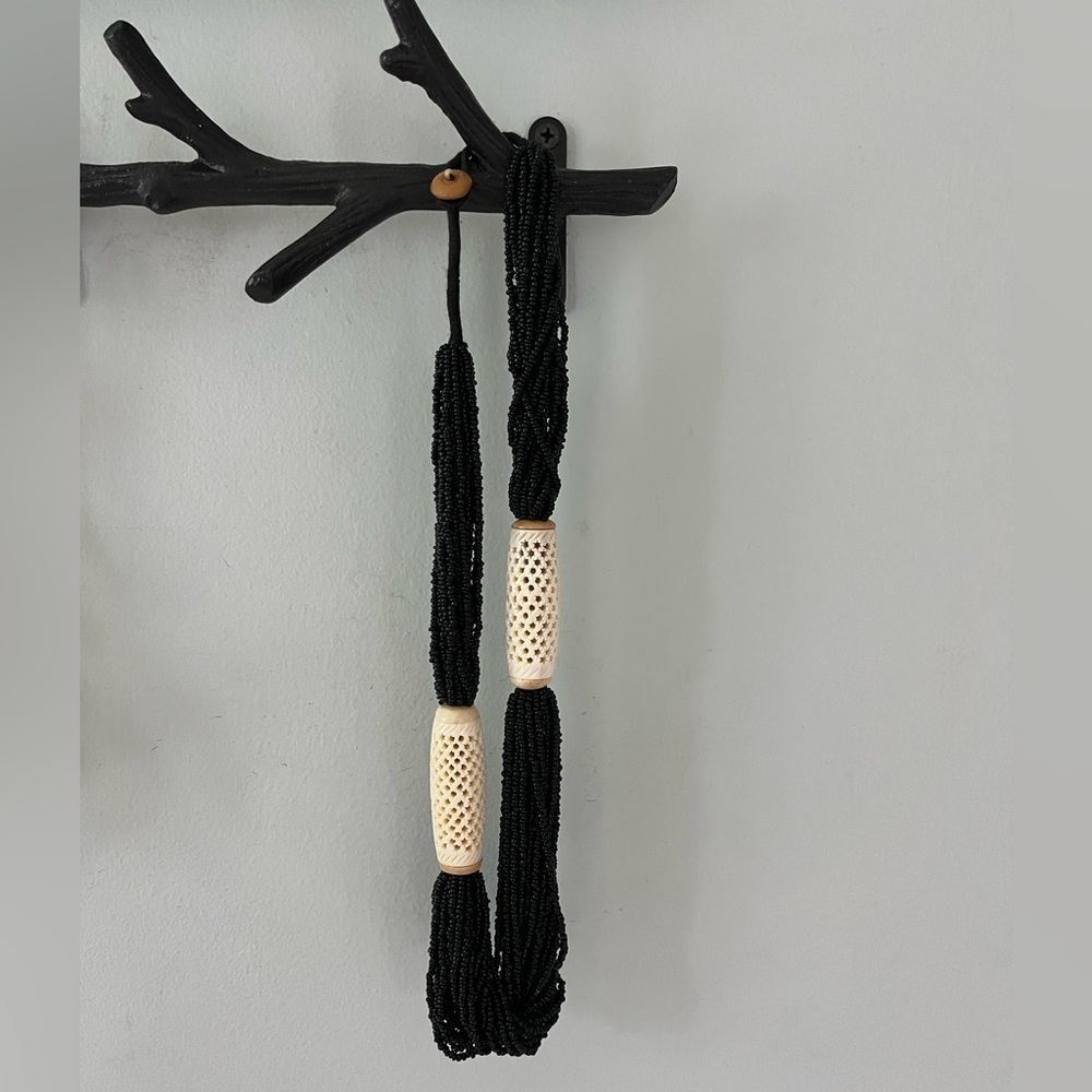 Vintage Black multi strand beaded necklace with carved beads